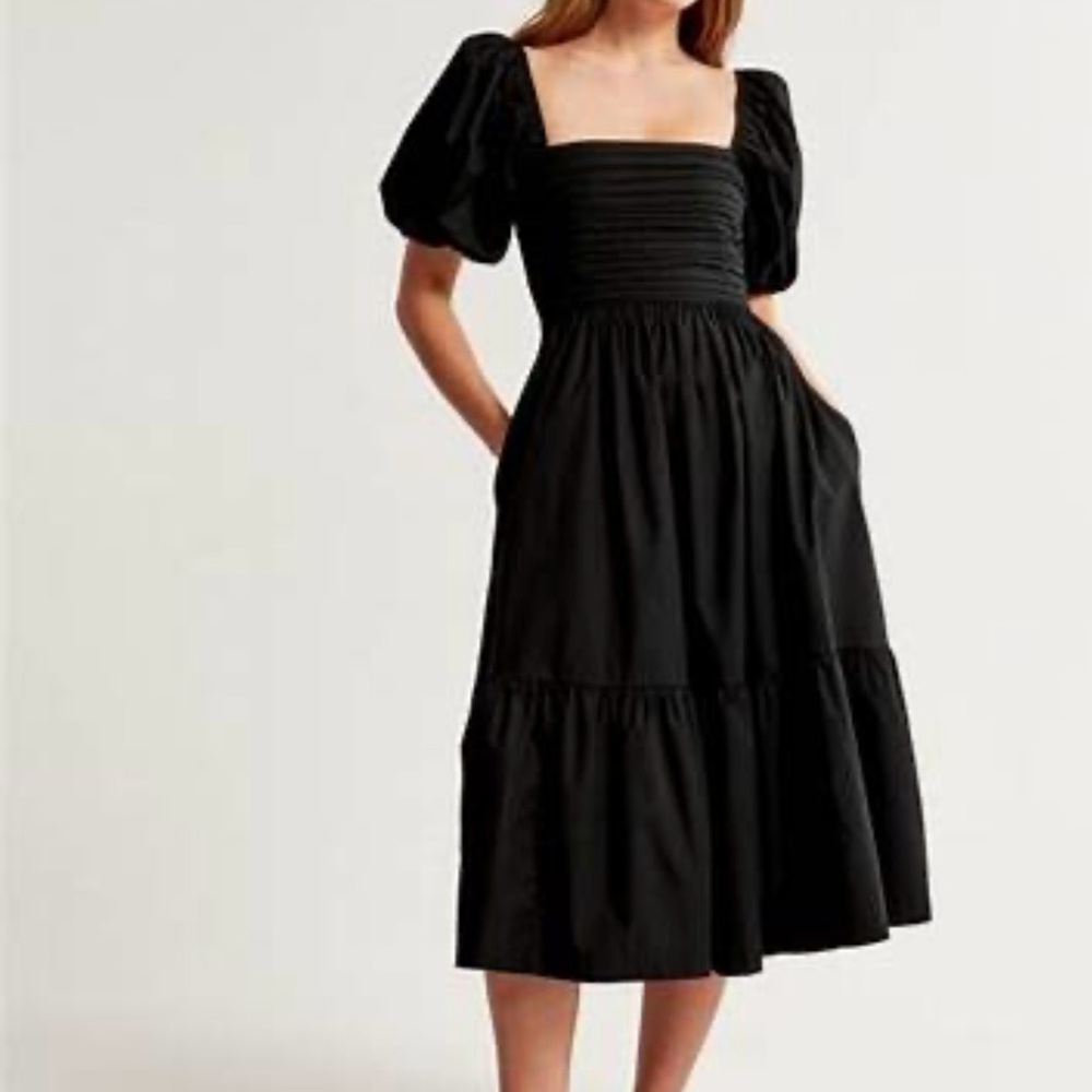 Abercrombie & Fitch Black Midi Dress with Puff Sleeves